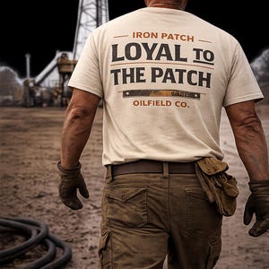 Puede incluir: Una persona con una camiseta color crema con el texto "IRON PATCH - LOYAL TO THE PATCH - OILFIELD CO." en letras marrones. La persona lleva pantalones de trabajo marrones, guantes y un casco. Un equipo de perforación petrolera está en el fondo.