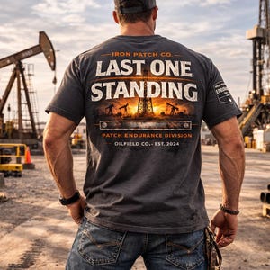 May include: Dark gray t-shirt with the text "LAST ONE STANDING" and "IRON PATCH CO." on the back. The shirt features an oilfield graphic and "PATCH ENDURANCE DIVISION OILFIELD CO. EST. 2024". The person is wearing blue jeans.