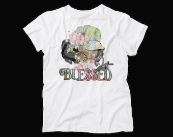 Just Blessed T-Shirt – Glitter Floral Afro Girl Graphic Tee – Faith Fashion Shirt for Women – Christian Urban Apparel