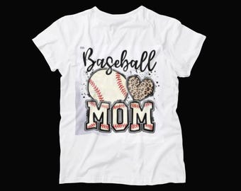 Baseball Mom T-Shirt – Leopard Print Heart Sports Tee – Red Stitch Graphic Shirt for Game Day Moms – Softball Style Option Too