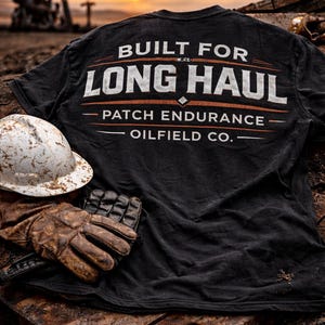 Op de afbeelding: Zwart t-shirt met de tekst "BUILT FOR LONG HAUL" en "PATCH ENDURANCE OILFIELD CO." gedrukt in wit en oranje. Het shirt wordt gecombineerd met een witte helm en bruine werkhandschoenen. Op de achtergrond is een oliepompmachine te zien.