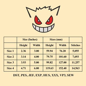 May include: A chart showing the size and stitch count for an embroidery design of a cartoon ghost with red eyes. The chart shows the size in inches and millimeters, as well as the number of stitches required for each size. The design is available in the following formats: DST, PES, JEF, EXP, HUS, XXX, VP3, SEW.