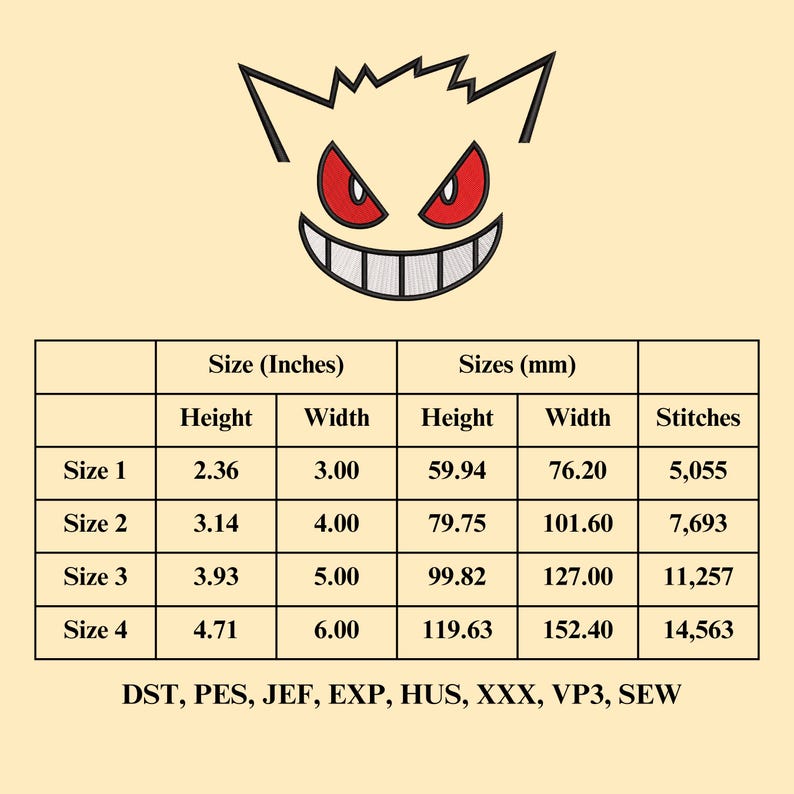May include: A chart showing the size and stitch count for an embroidery design of a cartoon ghost with red eyes. The chart shows the size in inches and millimeters, as well as the number of stitches required for each size. The design is available in the following formats: DST, PES, JEF, EXP, HUS, XXX, VP3, SEW.