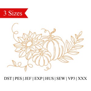 May include: An embroidered design featuring a sunflower, two pumpkins, and foliage in shades of gold. The text "3 Sizes" is in a red banner. Below the design are file format abbreviations: DST, PES, JEF, EXP, HUS, SEW, VP3, and XXX.