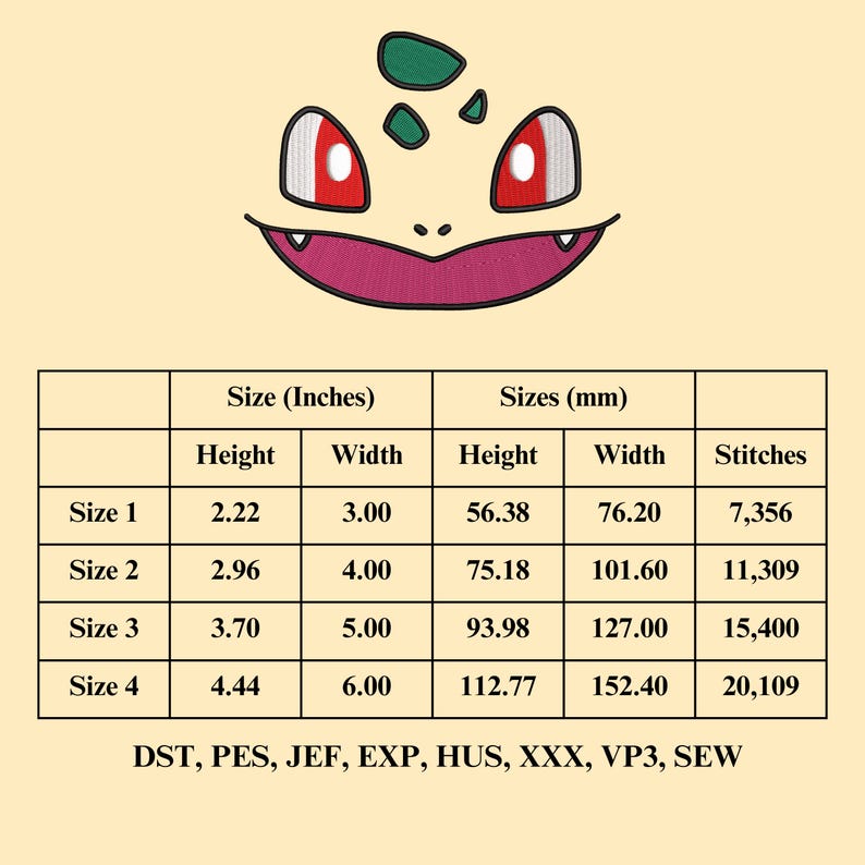 Pokemon Faces Embroidery Design, Anime Embroidery Design Files, Pikachu, Bulbasaur, Charmander, Squirtle Embroidery - 4 Sizes image 6