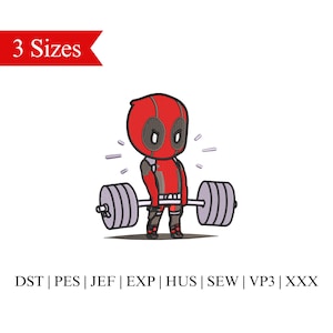 May include: A cartoon illustration of Deadpool lifting a barbell. He is wearing his signature red and black suit with a mask. The barbell is grey with black accents.