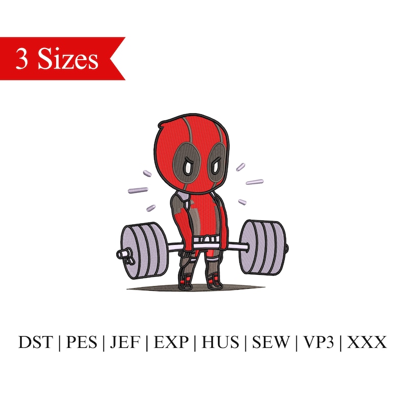 May include: A cartoon illustration of Deadpool lifting a barbell. He is wearing his signature red and black suit with a mask. The barbell is grey with black accents.