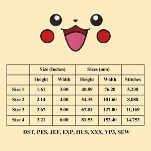 May include: A chart showing the size and stitch count for an embroidery design of a cartoon face. The design is available in four sizes, ranging from 1.61 inches to 3.21 inches in height. The chart includes measurements in inches and millimeters, as well as the number of stitches required for each size. The design can be stitched using the following embroidery file formats: DST, PES, JEF, EXP, HUS, XXX, VP3, and SEW.