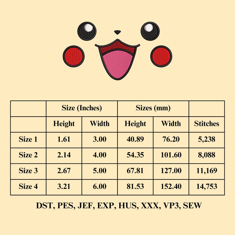 May include: A chart showing the size and stitch count for an embroidery design of a cartoon face. The design is available in four sizes, ranging from 1.61 inches to 3.21 inches in height. The chart includes measurements in inches and millimeters, as well as the number of stitches required for each size. The design can be stitched using the following embroidery file formats: DST, PES, JEF, EXP, HUS, XXX, VP3, and SEW.