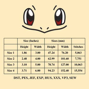 May include: A table showing the size and stitch count for an embroidery design. The design is of a cartoon face with two large eyes. The table shows the size in inches and millimeters, as well as the number of stitches required for each size. The embroidery file formats supported are DST, PES, JEF, EXP, HUS, XXX, VP3, and SEW.