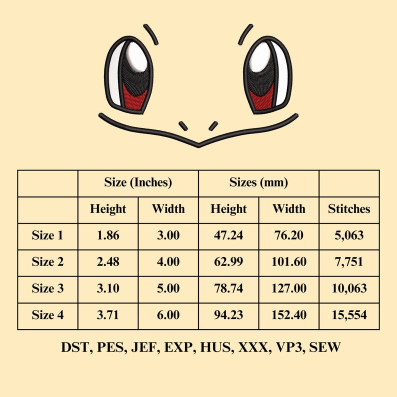 May include: A table showing the size and stitch count for an embroidery design. The design is of a cartoon face with two large eyes. The table shows the size in inches and millimeters, as well as the number of stitches required for each size. The embroidery file formats supported are DST, PES, JEF, EXP, HUS, XXX, VP3, and SEW.