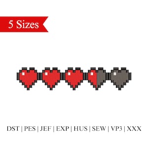May include: A pixelated heart health bar with three full red hearts and two half hearts, one red and one gray. The text "5 Sizes" is above the hearts and the text "DST | PES | JEF | EXP | HUS | SEW | VP3 | XXX" is below the hearts.