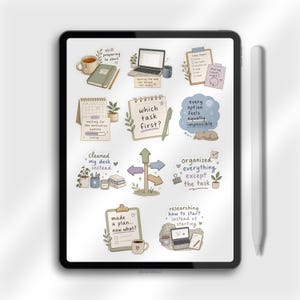 Cozy ADHD digital stickers with handwritten typography for neurodivergent planners and digital journals.