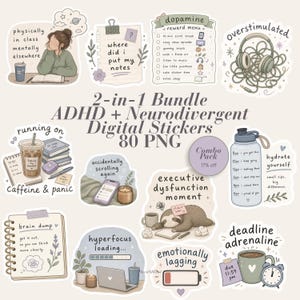 May include: A collection of digital stickers featuring illustrations and text related to ADHD and neurodivergence, including themes like dopamine menus, brain dumps, caffeine, executive dysfunction, and hydration trackers in a soft color palette.