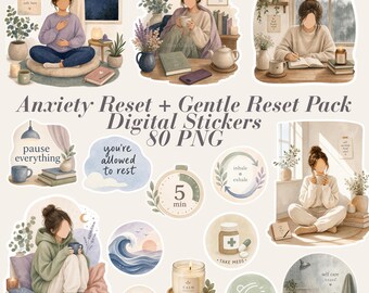 Klistermärken för mental hälsa | Ångestklistermärken | Neurodivergenta klistermärken | Gentle Reset Pack 80 Digital PNG GoodNotes | Självvårdsplanerarklistermärke