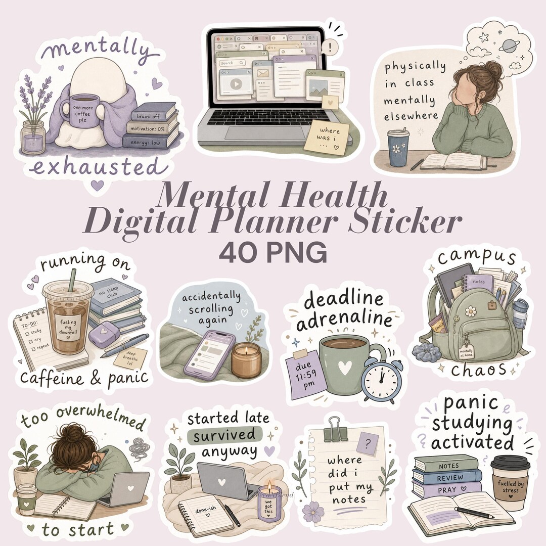 Mental Health Planner Stickers PNG | ADHD Student Productivity Digital ...