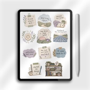 Executive dysfunction planner stickers showing relatable productivity quotes and calming illustrations.
