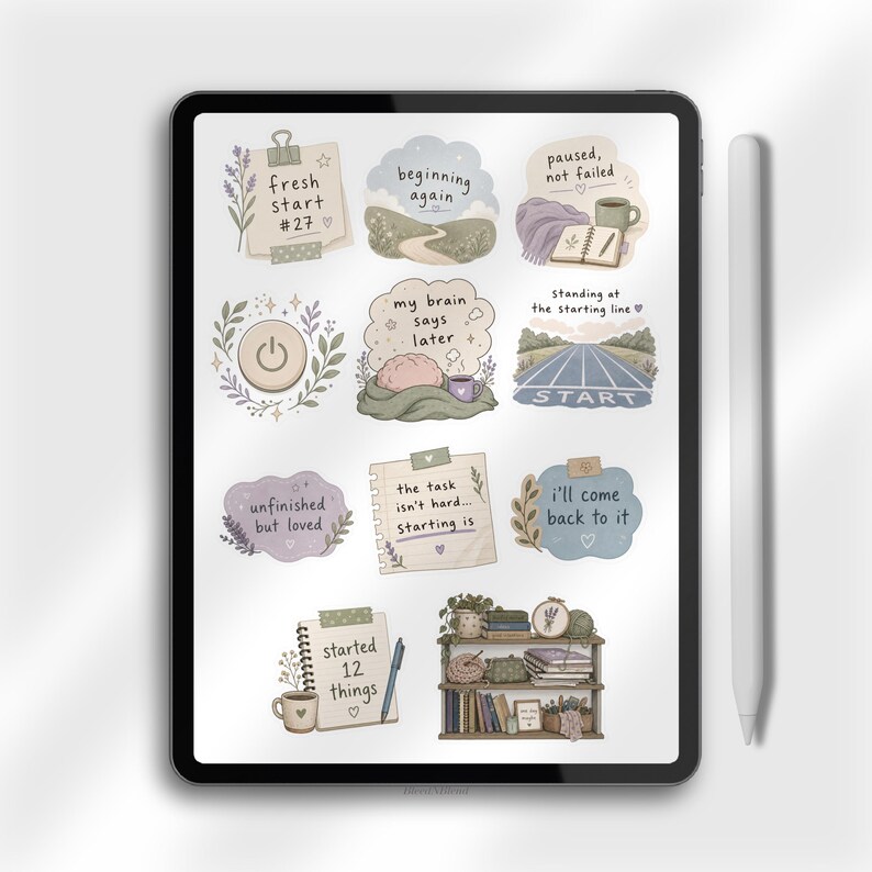 Executive dysfunction planner stickers showing relatable productivity quotes and calming illustrations.