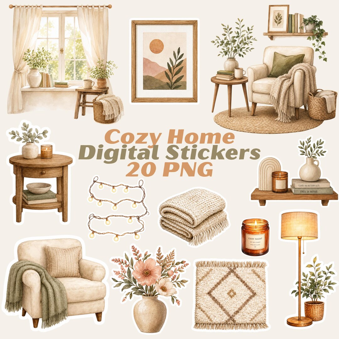 Cozy Home Digital Sticker Pack PNG, Warm Aesthetic Planner Stickers ...
