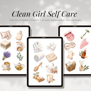 Clean Girl Self-Care Digital Planner Stickers PNG | GoodNotes Wellness Stickers | Self Care PNG Sticker Pack | Neutral iPad Planner Stickers