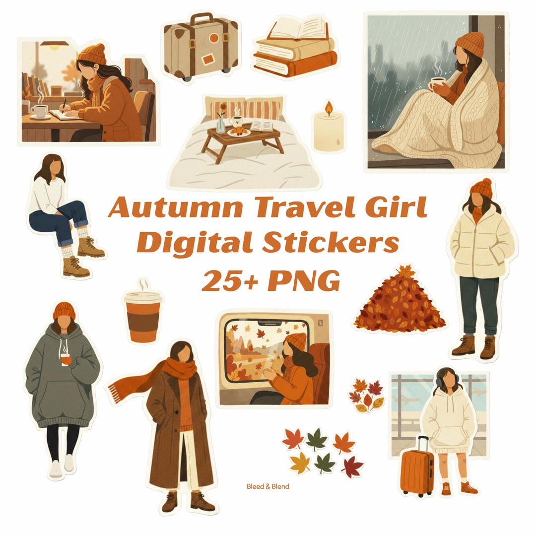 Autumn Travel Girl Digital Sticker Pack PNG | Fall Adventure Stickers ...
