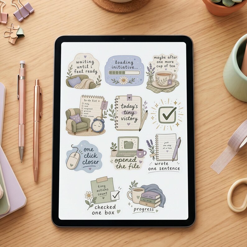40 executive dysfunction stickers for GoodNotes featuring supportive ADHD-themed quotes and planner elements.