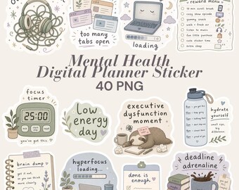 Klistermärken för mental hälsa | ADHD-klistermärken för överlevnad på universitetet | Digitalt paket med neurodivergenta klistermärken | GoodNotes Notability Planner PNG