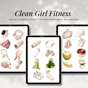 Clean Girl Fitness Digital Planner Stickers | Wellness & Pilates GoodNotes Stickers | Neutral Workout Planner PNG | Aesthetic iPad Stickers