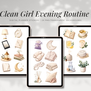 May include: A digital collection of 24 planner stickers titled Clean Girl Evening Routine, featuring illustrations of a lamp, alarm clock, e-reader, notebook, lantern, books, moon, lavender sachet, slippers, pajamas, eye mask, blanket, diffuser, pillow, tea, candle, and plant.