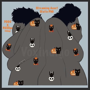 Puede incluir: Ilustración digital de una silueta gris con cabello negro, adornada con gráficos temáticos de Halloween. El diseño incluye gatos negros, calabazas y motivos de calaveras. El texto en la parte superior dice "Streaming Asset Static PNG". La imagen también incluye detalles de resolución.