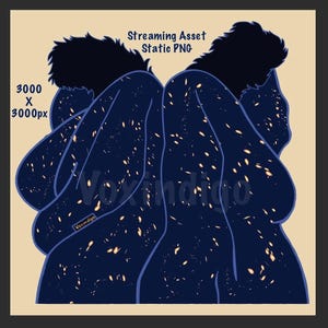 May include: Illustration of two figures embracing, rendered in dark blue with a starry pattern. The image includes the text "Streaming Asset Static PNG" and "3000 x 3000px". The artist's signature "Voxindigo" is also present.