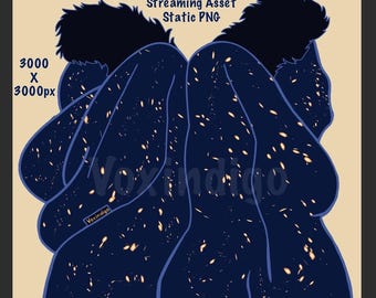 Puede incluir: Ilustración digital de dos figuras abrazándose, en azul oscuro con un patrón de estrellas. La imagen incluye el texto "Streaming Asset Static PNG" y "3000 x 3000px". También está la firma del artista "Voxindigo".