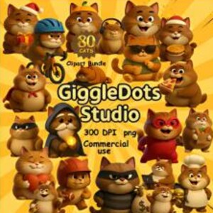 Zestaw uroczych 3D kotów w stylu życia Clipart – zabawne pozy kotów, zawody, emocje i nie tylko – pobieranie cyfrowe, przezroczyste tło, 80 PNG