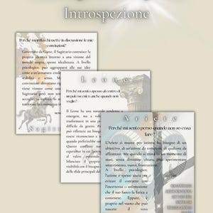 Può includere: Stampa d'arte digitale con il titolo "Astrologia Psicologica & Introspezione". L'immagine presenta tre carte con testo sull'astrologia e i segni zodiacali. Le parole "Leone" e "Ariete" sono visibili.