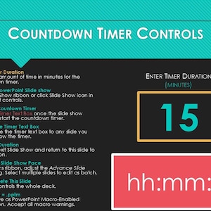 Puede incluir: Una diapositiva de PowerPoint negra y turquesa con el título "Controles del temporizador de cuenta atrás". La diapositiva incluye instrucciones sobre cómo usar un temporizador de cuenta atrás en una presentación de PowerPoint. La duración del temporizador está establecida en 15 minutos. La pantalla del temporizador muestra "hh:mm:ss".