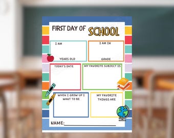 Erster Schultag Printable | Back to School Schild | Alles über mich Arbeitsblatt | Erster Tag der Kinder | Schule Fotorequisite | Schülerandenken