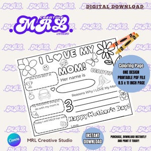 Printable mothers day coloring page kids activity for mom quick mothers day gift mothers day crafts instant download all about mom