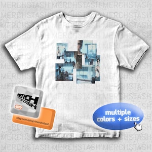 Puede incluir: Camiseta blanca con un collage de imágenes azules y marrones. La camiseta tiene cuello redondo y mangas cortas. El texto "MERCHSTASH" es visible. La imagen también incluye el texto "multiple colors + sizes".