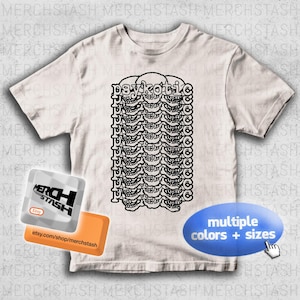 Puede incluir: Camiseta blanquecina con un dise&ntilde;o de calaveras apiladas en negro y la palabra "psykotic" encima. La camiseta incluye una llamada para m&uacute;ltiples colores y tallas. Se ve un logotipo de la tienda Etsy Merchstash.
