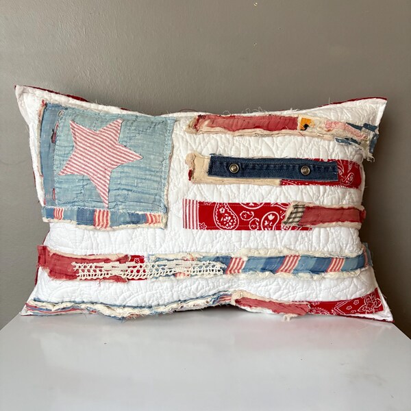 Upcycled Vintage Quilt Accent Lumbar Pillow American Flag Patriotic Patchwork Tattered Scraps Red White Blue Americana Primitive Southern