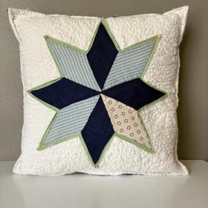 Antique Upcycled Quilt Block Pillow Lone Star Applique Blue Patriotic Farmhouse Primitive Decor Southern Gift House Warming Fourth of July
