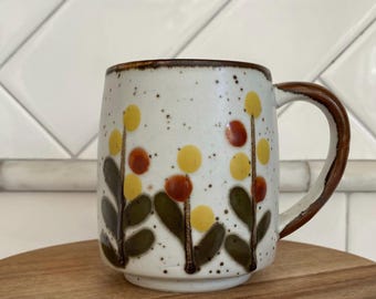 Handcrafted Stoneware Mug: 70s Retro Floral Design