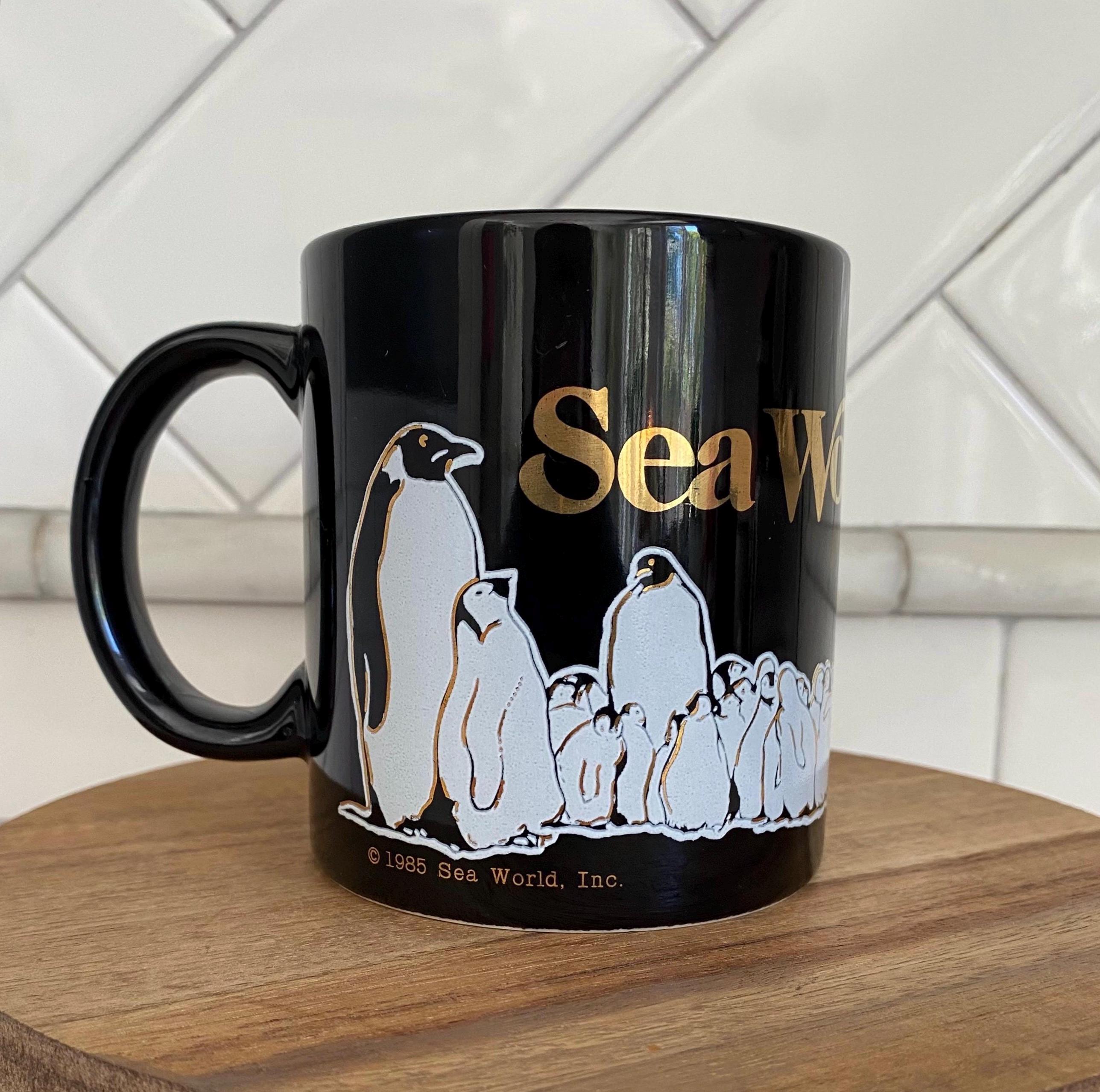Vintage 1985 SeaWorld Coffee Mug Orca Whales and Penguins, Ocean Animals