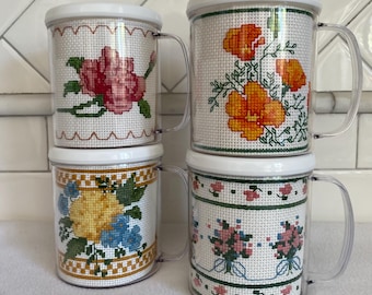 Cross-Stitch Coffee Mug: Floral Embroidery, Retro Kitchen Decor
