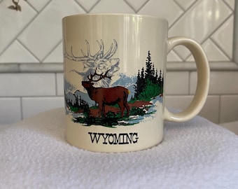 Wyoming State Coffee Cup, Wilderness Coffee Mug, Deer, Elk, Mountains, Cabincore