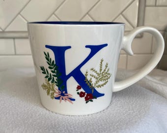 Monogram K Coffee Mug, Large Floral Coffee Cup, K Name Gift Tea Cup