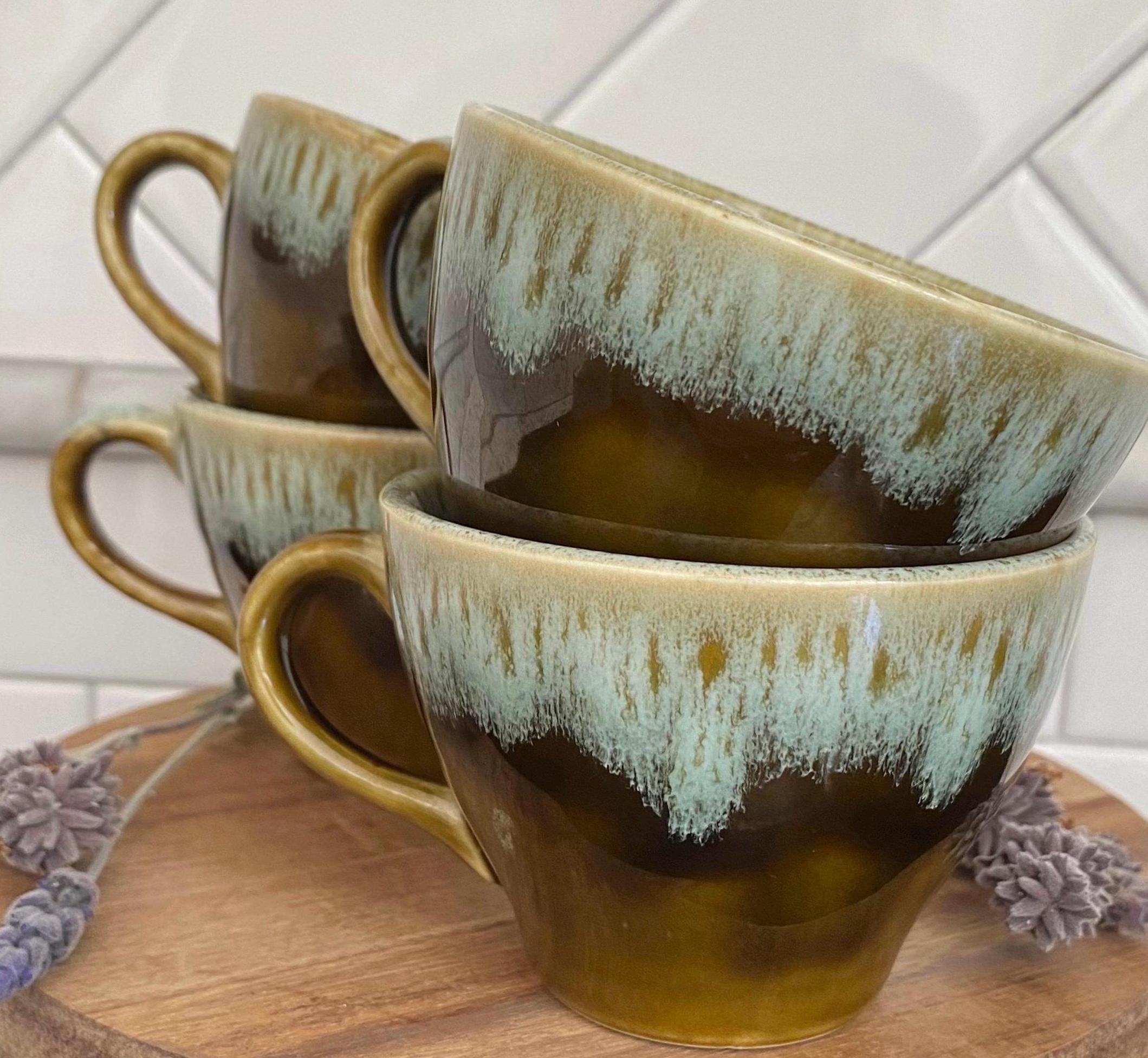 Vintage Drip Glaze Mugs - 1970s Stoneware Coffee Cups - Set of 4