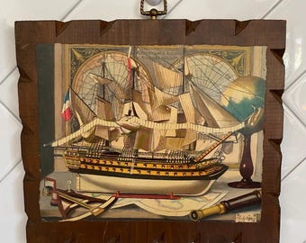 Vintage Charles Cerny nautisch zeilschipkunst - gesneden houten plaquette, maritiem decor 1960