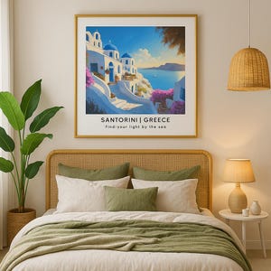 Santorini Greece Travel Poster | Coastal Wall Art | Minimalist Mediterranean Decor | Blue Dome Architecture Print