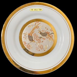 Vintage Chokin Art Plate – 24K Gold Trim – Birds & Blossoms – Made in Japan